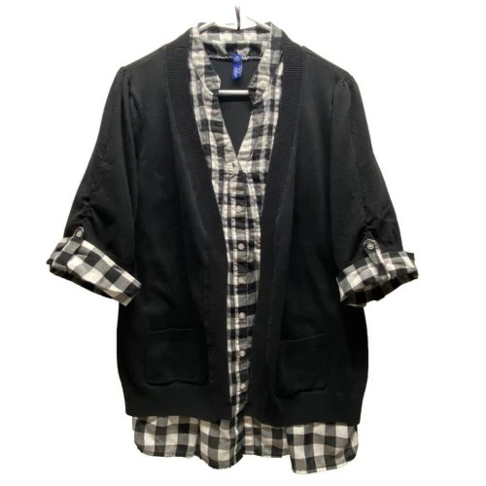 Great Northwest Indigo Layered Cardigan Women's 2X Black White Plaid Blouse GUC‎